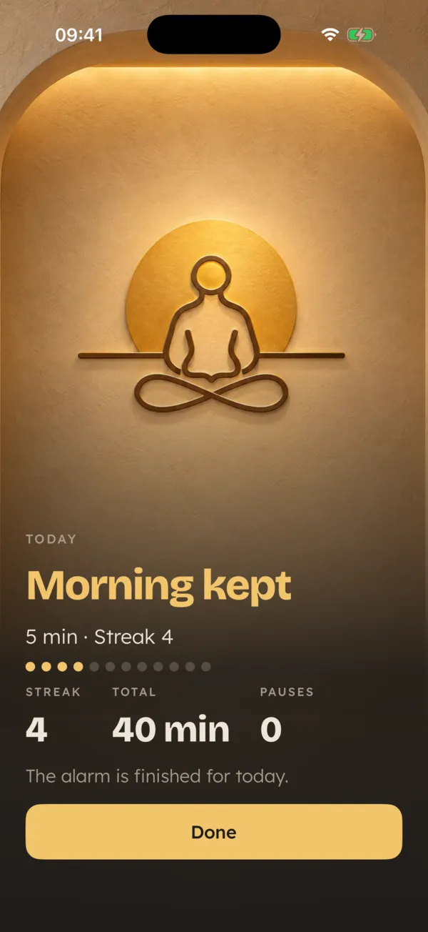 Morning kept screen with streak and total minutes