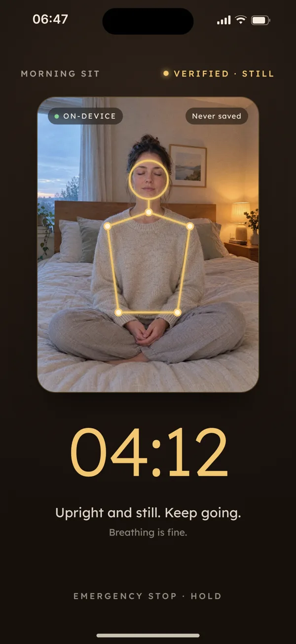 Stillwake sit screen showing a live camera mirror of a woman meditating on her bed, with gold posture lines on her head, shoulders and hips, and a 04:12 timer